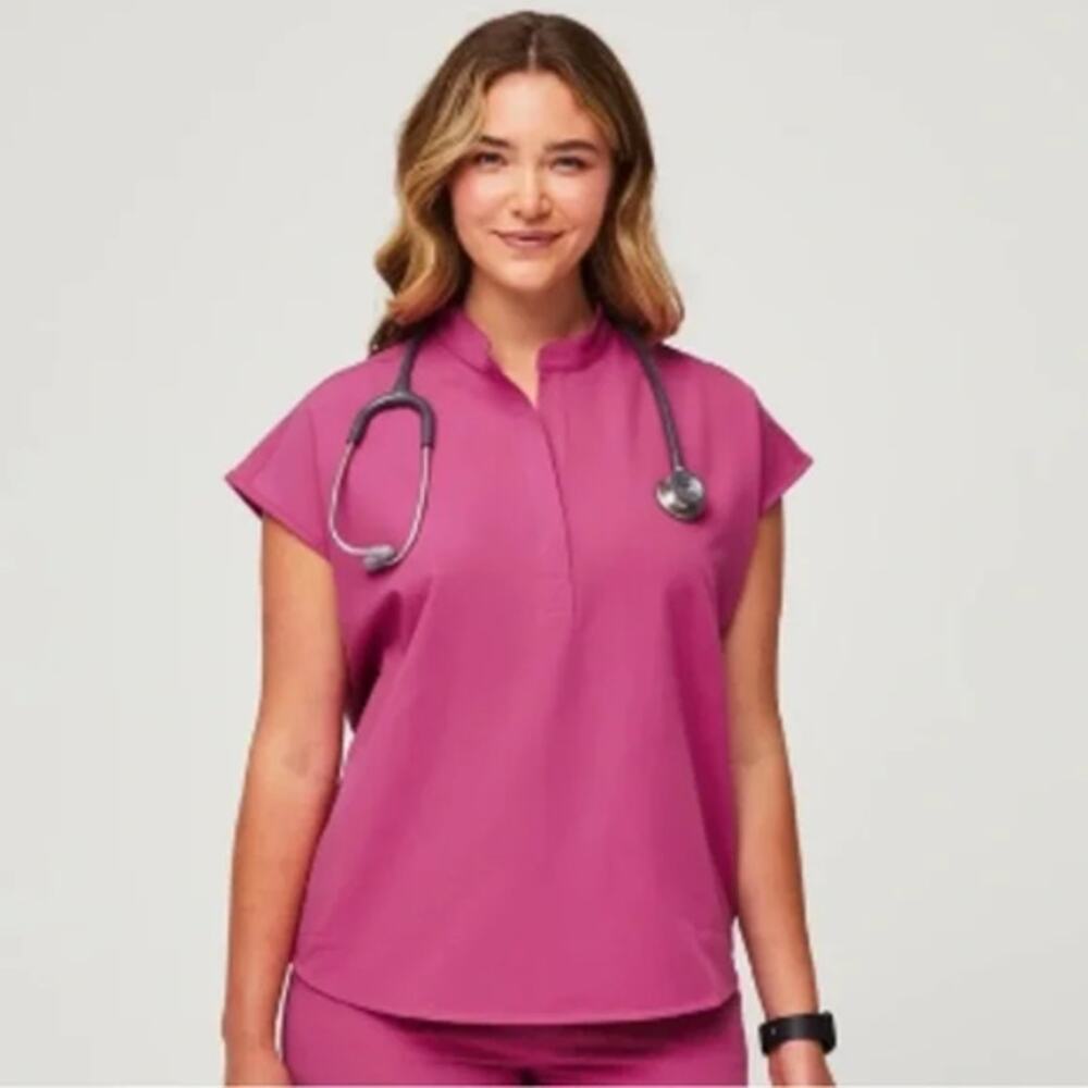 Figs Rafaela Mandarin Collar Oversized Fit Scrub Top Electric Orchid Pink Small